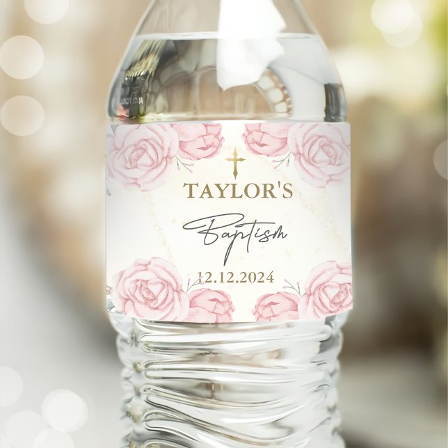 Hübsche neutrale Wasserfarbenflorale Taufe Wasserflaschenetikett (Von Creator hochgeladen)