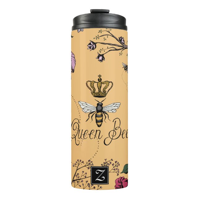 Hübsche Orange Queen Bee & Gold Crown Floral Thermosbecher (Vorderseite)