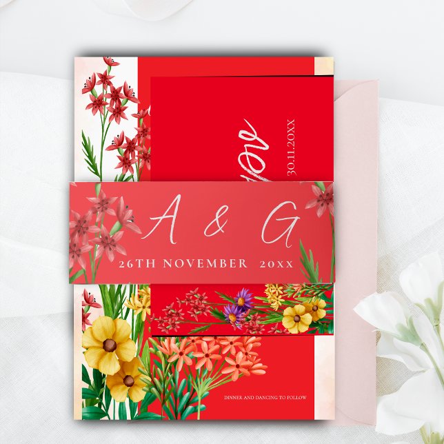 Hübsche Orange Wildblumen Monogram Script Hochzeit Einladungsbanderole (Pretty Orange Wildflowers Monogram Script Wedding Invitation Belly Band)