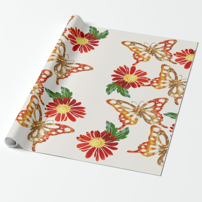 Hübsche orangefarbene Blumen und Schmetterlinge  Geschenkpapier (Ungerollt)