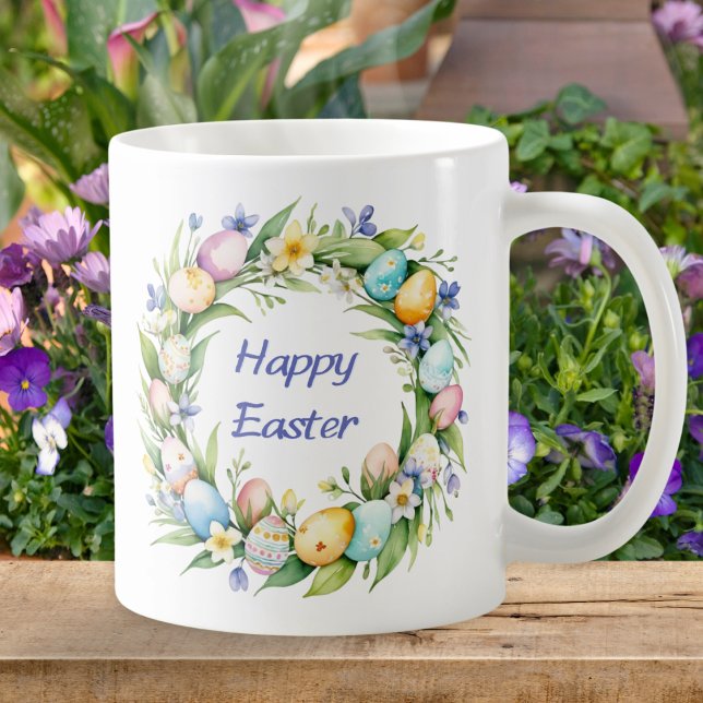 Hübsche Ostereier mit Blumenkranz Personalisiert Kaffeetasse (A mug with watercolor floral wreath with eggs, 'Happy Easter' words, and custom name on the back)