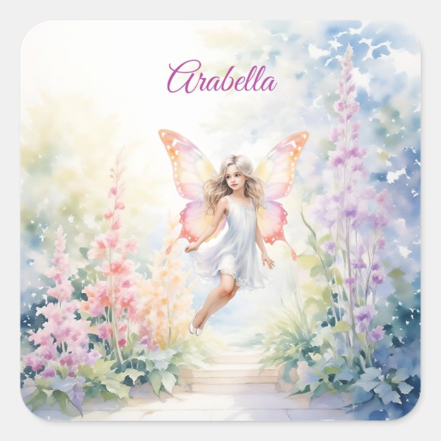Hübsche Pastel Butterfly Faia im Blumengarten Quadratischer Aufkleber (Vorderseite)