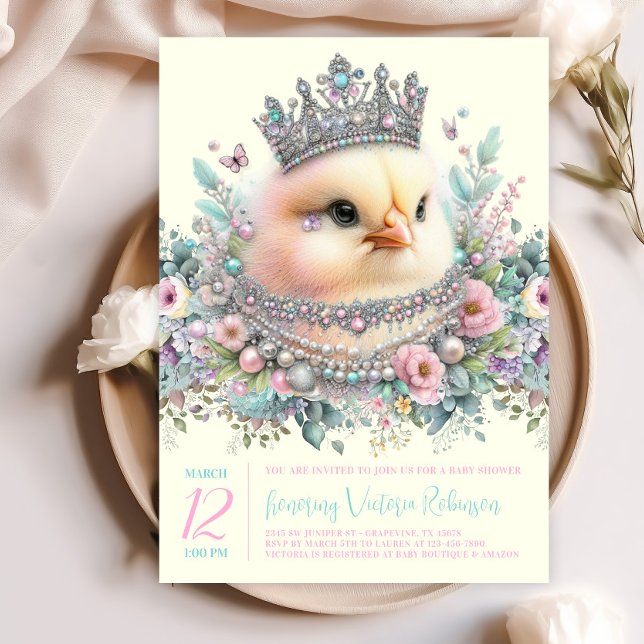 Hübsche Pastel Chick Babydusche Einladung (Beautiful chick with jewels and crown on a pretty floral background. )