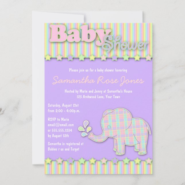 Hübsche Pastel Elephant Babydusche Einladung (Vorderseite)