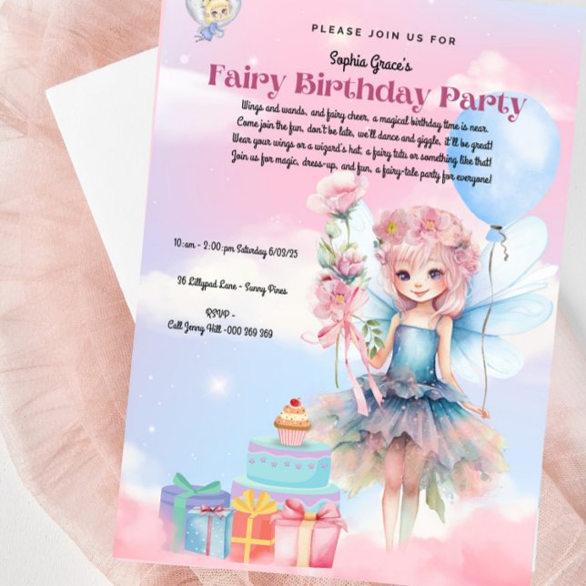 Hübsche Pastel Fairy Geburtstagsparty Einladung (Gorgeous Pink & Blue Fairy Birthday Party Invitation - Fully Customizable)