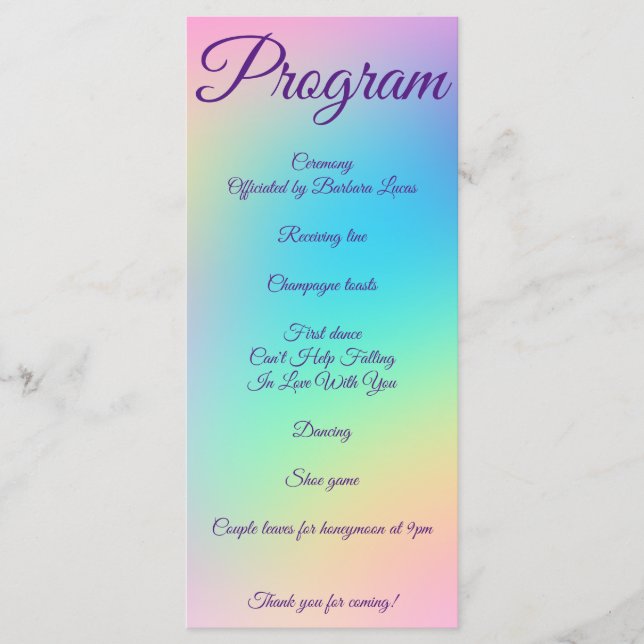 Hübsche Pastel Rainbow Gradient Wedding Programm (Vorderseite)
