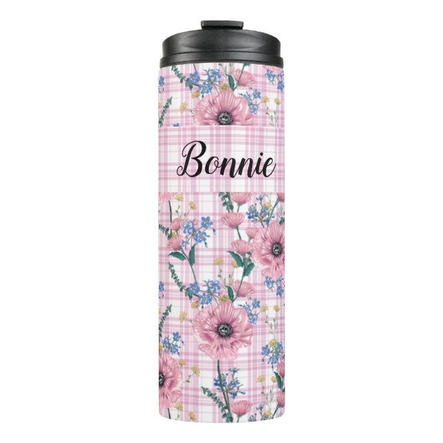 HÜBSCHE PASTEL RED-BLUME MIT KARIERTEN PATTERN THERMOSBECHER (Vorderseite)