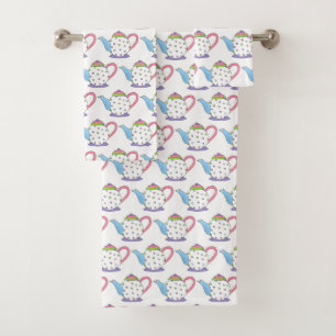 Hübsche Pastel Teapot Tee Tee Party Polka Dot Pink Badhandtuch Set