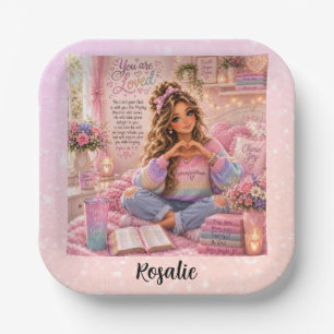 Hübsche Pastell-Pink-Regenbogen-Christen-Mädchen-B Pappteller