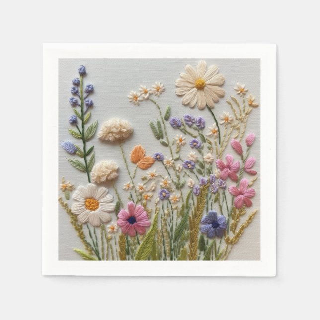 Hübsche Pastell-Wildblumen Stickerei Serviette (Vorderseite)