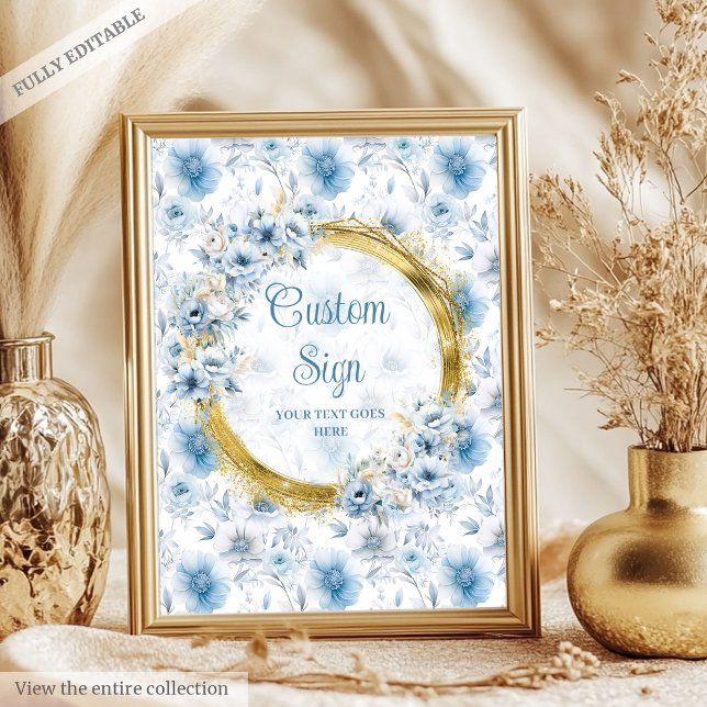 Hübsche pastellblaue Aquarellfarben-Blume Poster (Pretty pastel blue watercolor flowers gold custom Poster)