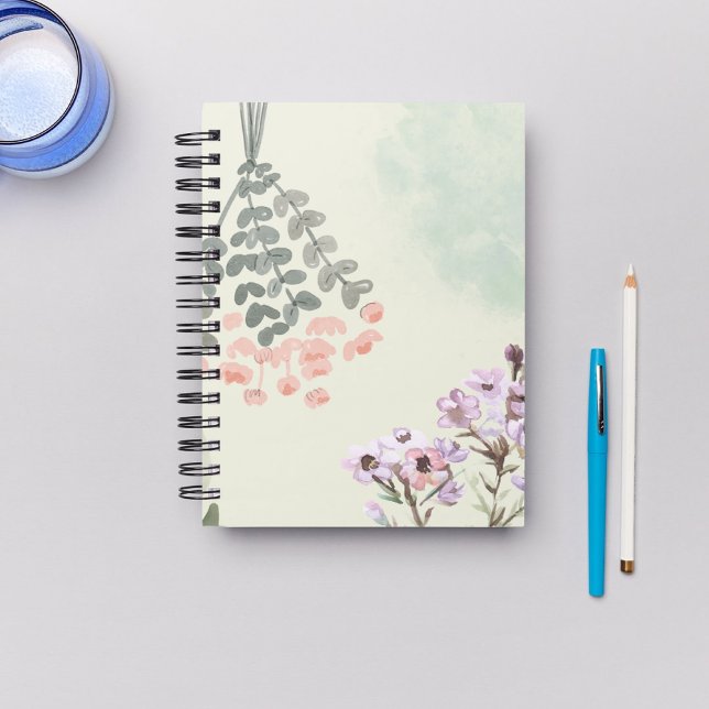 Hübsche pastellfarbene Aquarellfarben mit blühende Notizbuch (Pretty pastel watercolor notebooks, cute greenery painting. Watercolor flowers for artists. )