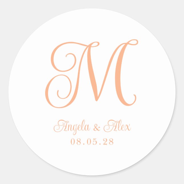 Hübsche Peach Curly Wedding Monogram Runder Aufkleber (Vorderseite)