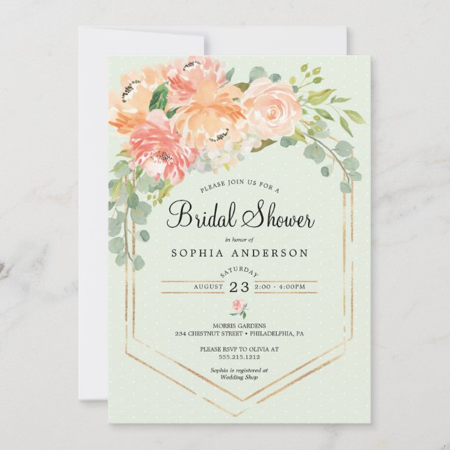 Hübsche Peach Floral Bridal Dusche Einladung (Vorderseite)