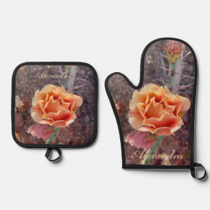 Hübsche Peach Prickly Birne Blume Ofenhandschuh & Topflappen-Set