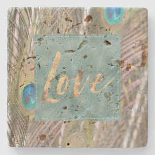 Hübsche Peacock Feathers Gold-Liebe Steinuntersetzer