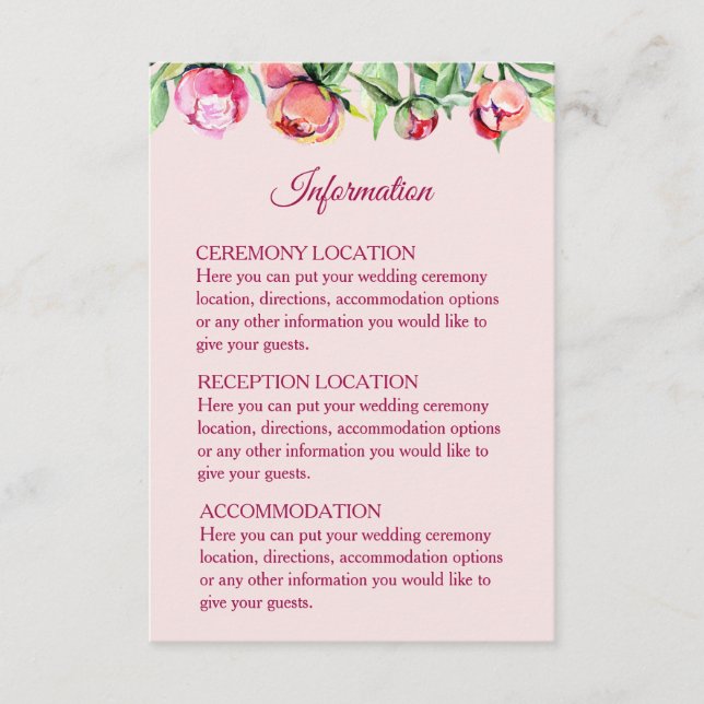 Hübsche Peonies Hochzeitskarten Begleitkarte (Vorderseite)