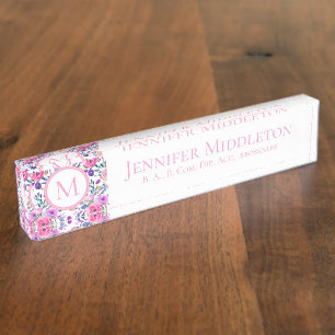 Hübsche Personalisiert rosa Floral Monogramm Namensplakette