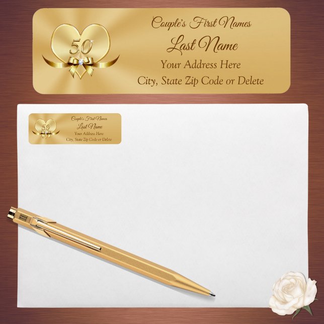 Hübsche Personalisierte Gold Address Return Labels (Gold, 50th Return address labels. Golden wedding anniversary party supplies. 50 year anniversary.)