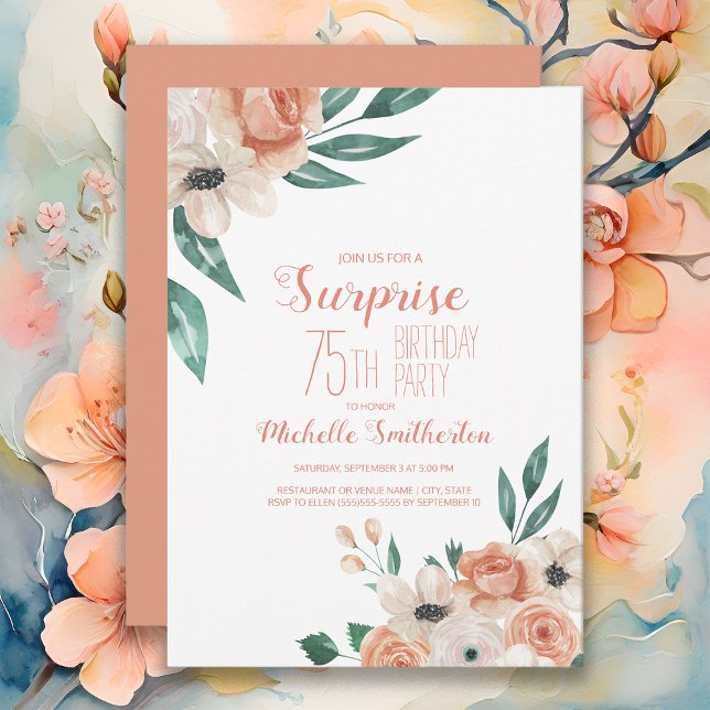 Hübsche Pfirsichblume 75. Geburtstag Einladung (Peach watercolor floral surprise 75th birthday party invitation)