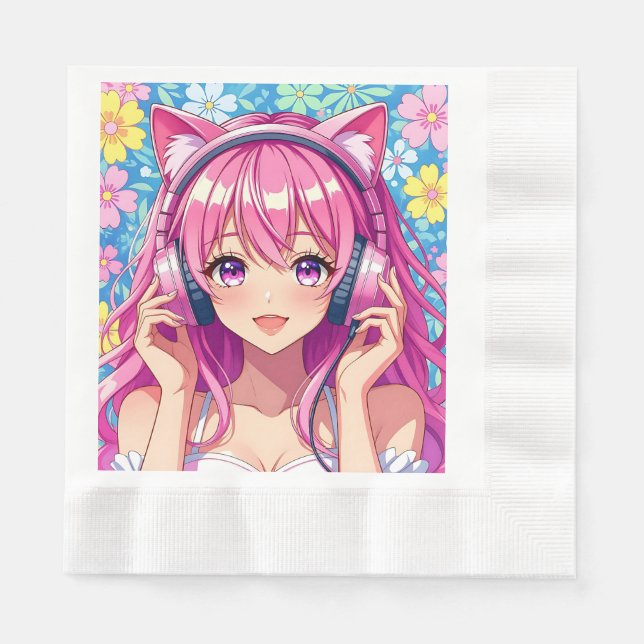 Hübsche Pink Anime Girl's Birthday Party Serviette (Vorderseite)