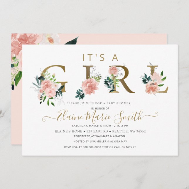 Hübsche Pink-Blume Blumenmädchen-Kinderdusche Einladung (Vorne/Hinten)