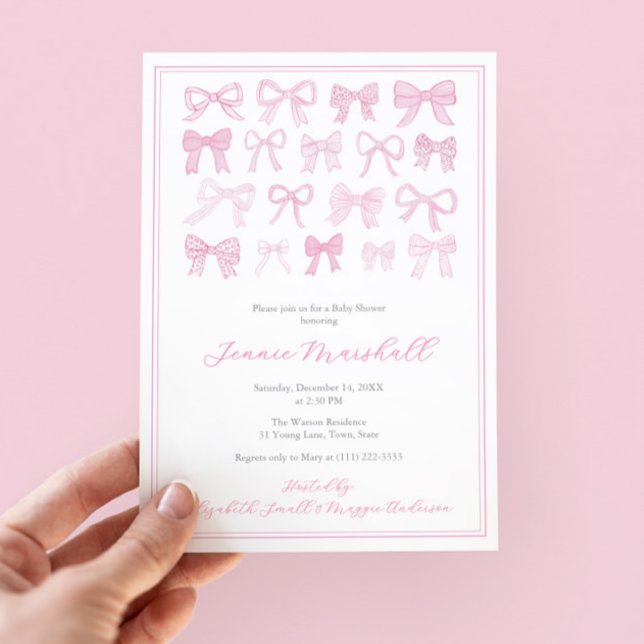 Hübsche Pink Bows Girl Baby Duschkabine Party Einladung (Pretty pink and white hand painted watercolor bows baby shower invitation for little girl)