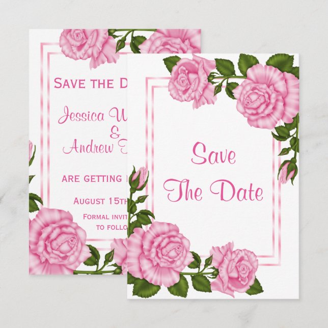 Hübsche Pink Corner Bouquets Hochzeit speichern da Einladung (Vorne/Hinten)