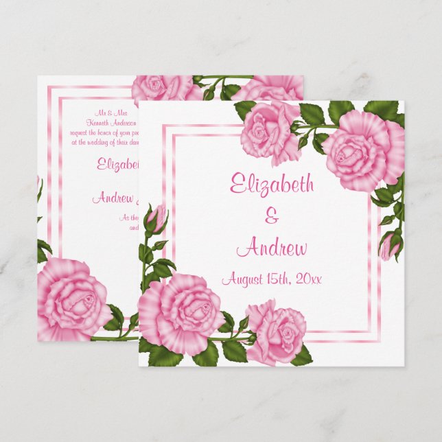 Hübsche Pink Corner Bouquets Wedding Einladung (Vorne/Hinten)