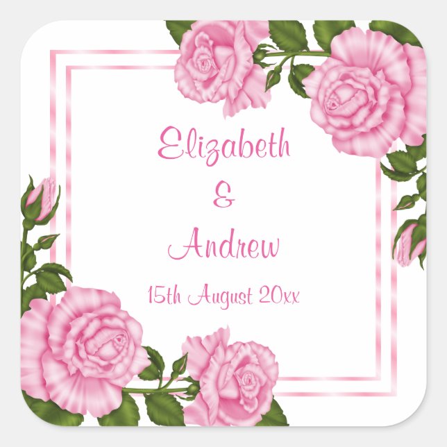 Hübsche Pink Corner Bouquets Wedding Quadratischer Aufkleber (Vorderseite)