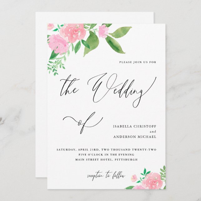 Hübsche Pink Floral Bouquet Calligrafy Wedding Einladung