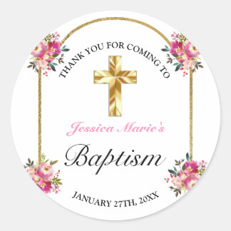 Hübsche PInk Floral Gold Cross Taufe Vielen Dank Runder Aufkleber