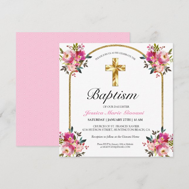 Hübsche PInk Floral Gold Cross Taufen Einladung (Vorne/Hinten)