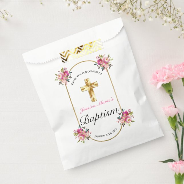Hübsche PInk Floral Gold Cross Taufen Geschenktütchen (Versiegelt)