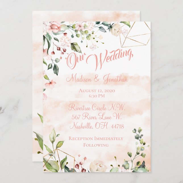 Hübsche Pink Floral Script Hochzeit Einladung (Vorne/Hinten)