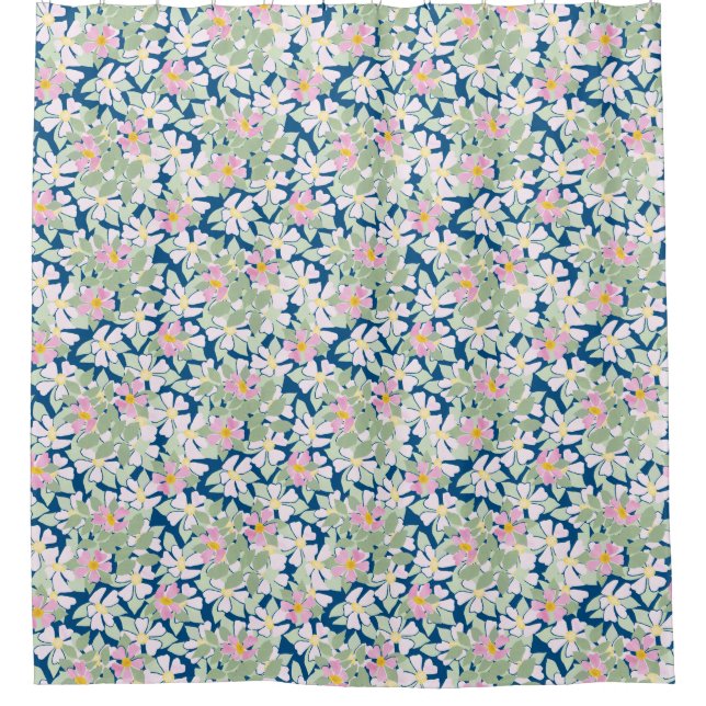 Hübsche Pink Hund-Rose auf Deep Bluee Blumenmuster Duschvorhang (Vorderseite)