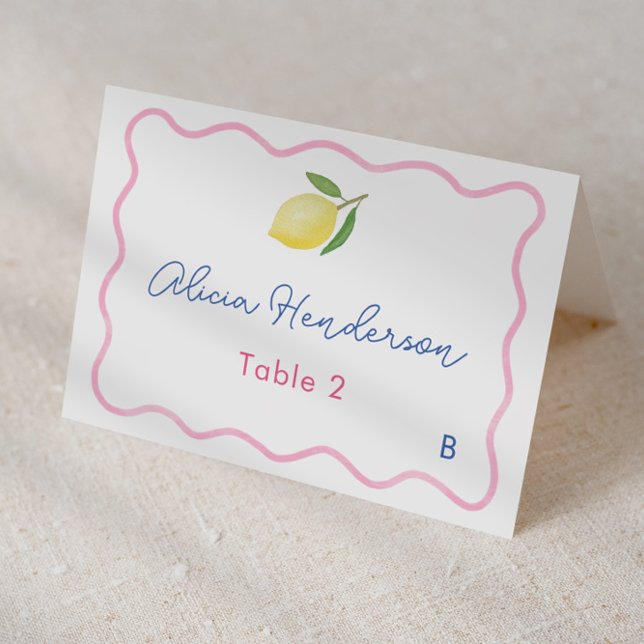 Hübsche Pink Lemon Baby Dusche Platzkarte Tischnummer (Trendy pink wavy border with lemon and pretty pink tiles baby shower individual place card design)