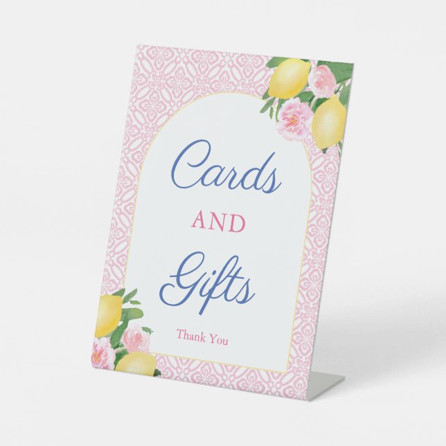 Hübsche Pink Lemons Karten und Geschenke Polterabe Sockelschild (Vorderseite)