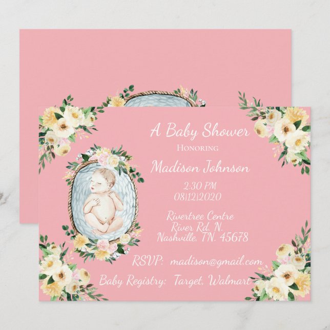 Hübsche Pink Neugeborenenmädchendusche Einladung (Vorne/Hinten)