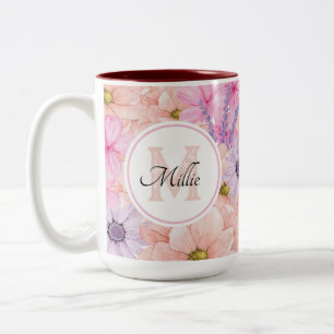 Hübsche Pink Watercolor Blume Mit Monogramm für si Zweifarbige Tasse