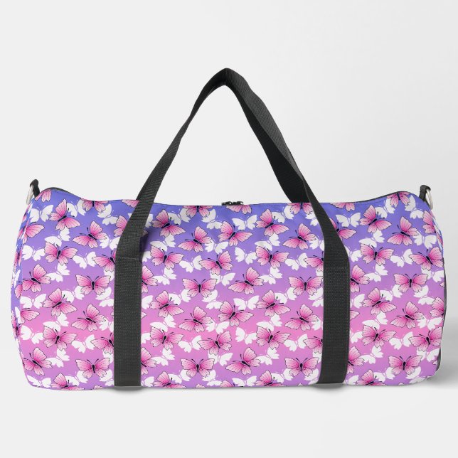 Hübsche pink-weiße Schmetterlingsmuster-Duffeltasc Duffle Bag (Vorderseite)