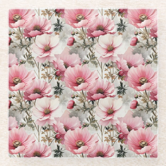 HÜBSCHE PINK & WHITE POPPONE ANEMONE BLUME GLASUNTERSETZER (Vorderseite)