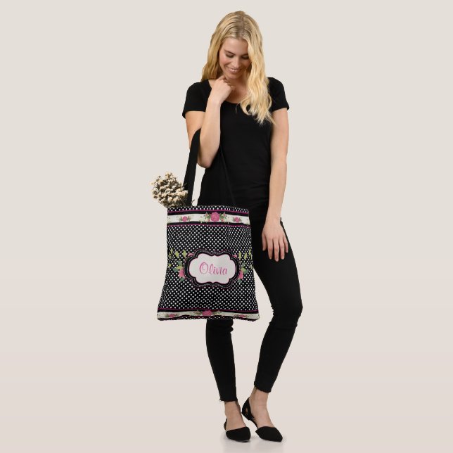 Hübsche Polka Dots und rosa Rosen Tote Tasche (Am Model)