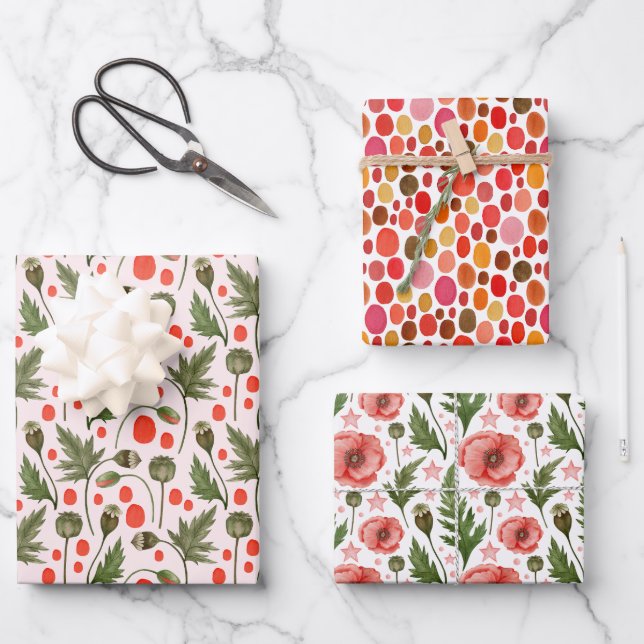 Hübsche Poppies Foliage Geschenkpapier Set (Vorderseite)