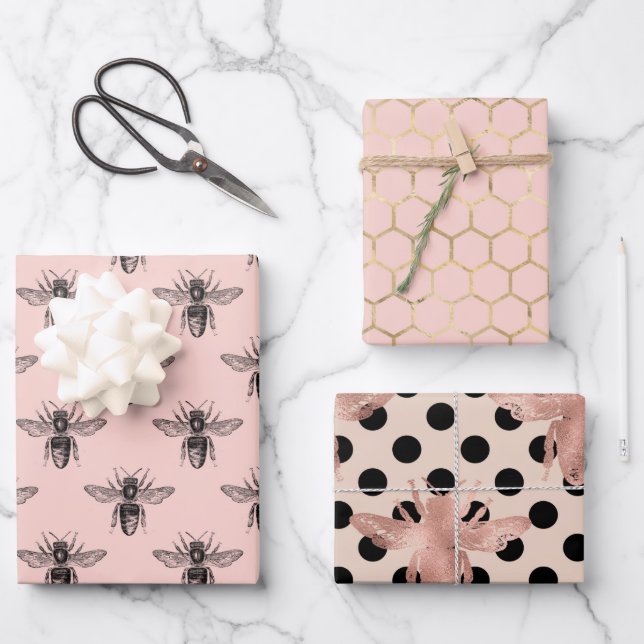 Hübsche Princess Bee rosa schwarz und gold  Geschenkpapier Set (Vorderseite)