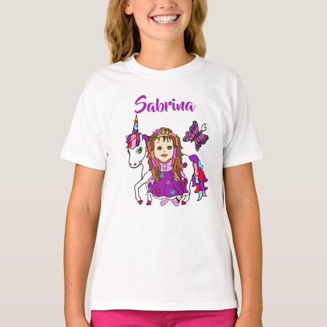 Hübsche Prinzessin und Einhorn Personalisiertes Sh T-Shirt (Vorderseite)