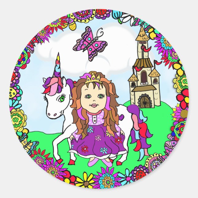 Hübsche Prinzessin und Schloss Unicorn Runder Aufkleber (Vorderseite)