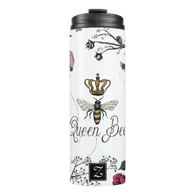 Hübsche Queen Bee & Royal Crown Floral Monogram Thermosbecher (Vorderseite)