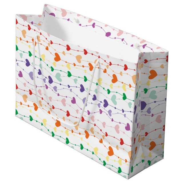 Hübsche Rainbow Hearts Pattern Kids Große Geschenktüte (Vorderseite Schrägansicht)