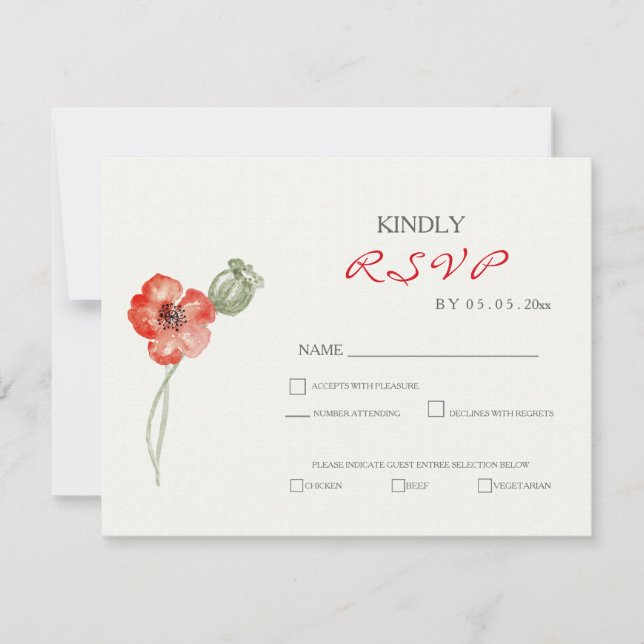 Hübsche Red Poppies Moderne Blumenhochzeit RSVP Ka Karte (Vorderseite)